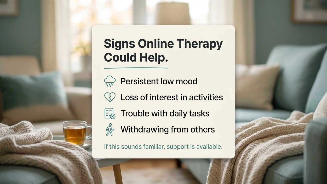 Infographic of depression signs: low mood, lost interest, and online therapy support Infographic of depression signs: low mood, lost interest, and online therapy support