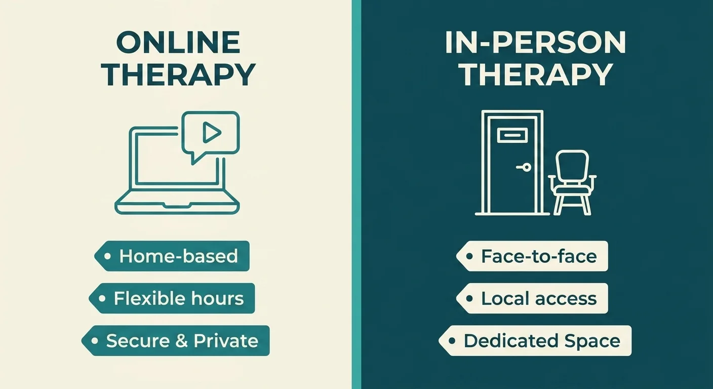 Comparison infographic: online therapy vs in-person therapy for depression Comparison infographic: online therapy vs in-person therapy for depression