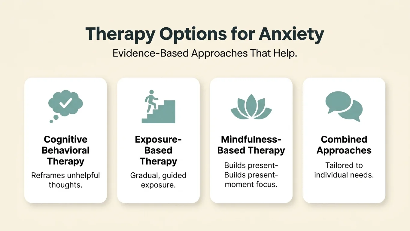 Infographic of therapy options for anxiety: CBT, exposure, mindfulness Infographic of therapy options for anxiety: CBT, exposure, mindfulness