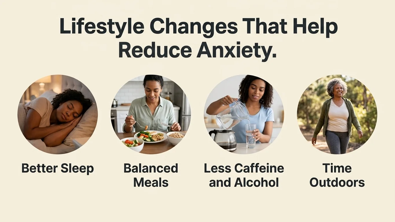 Photo grid of lifestyle habits that help reduce anxiety: sleep, diet, outdoors. Photo grid of lifestyle habits that help reduce anxiety: sleep, diet, outdoors.