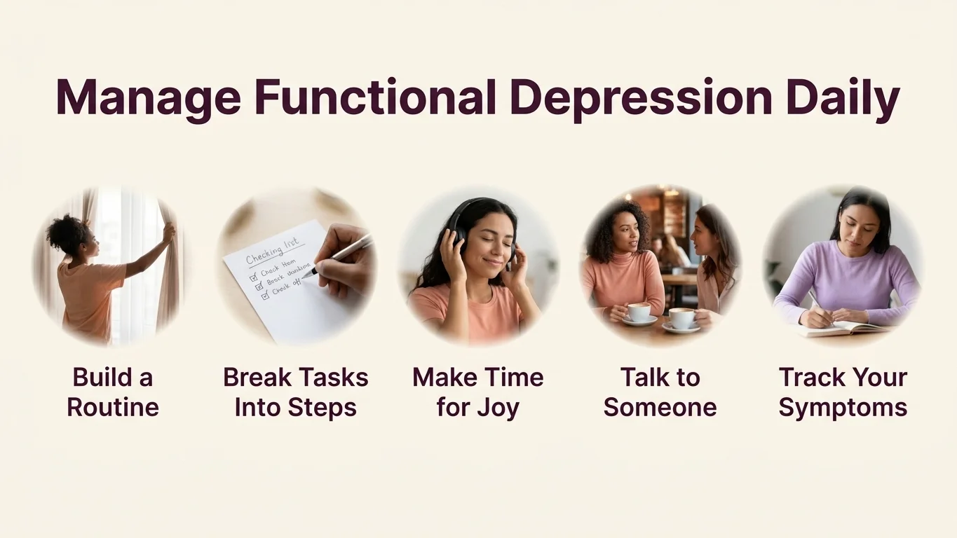 Comic-style storyboard of daily habits to manage functional depression Comic-style storyboard of daily habits to manage functional depression