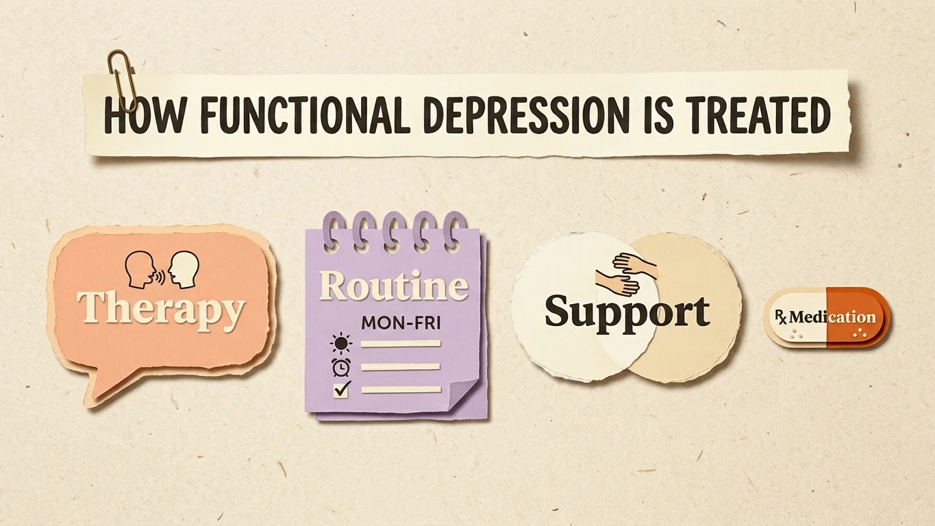 Paper-cut collage of treatment options for functional depression, layered Paper-cut collage of treatment options for functional depression, layered