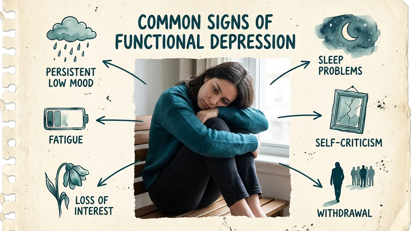 Realistic photo of a person surrounded by illustrated signs of depression Realistic photo of a person surrounded by illustrated signs of depression