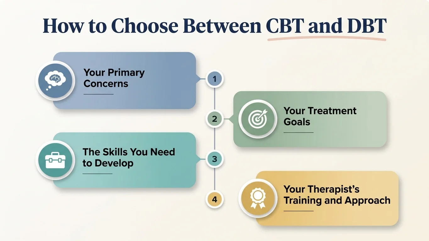 Illustrated guide showing how to choose between CBT and DBT Illustrated guide showing how to choose between CBT and DBT