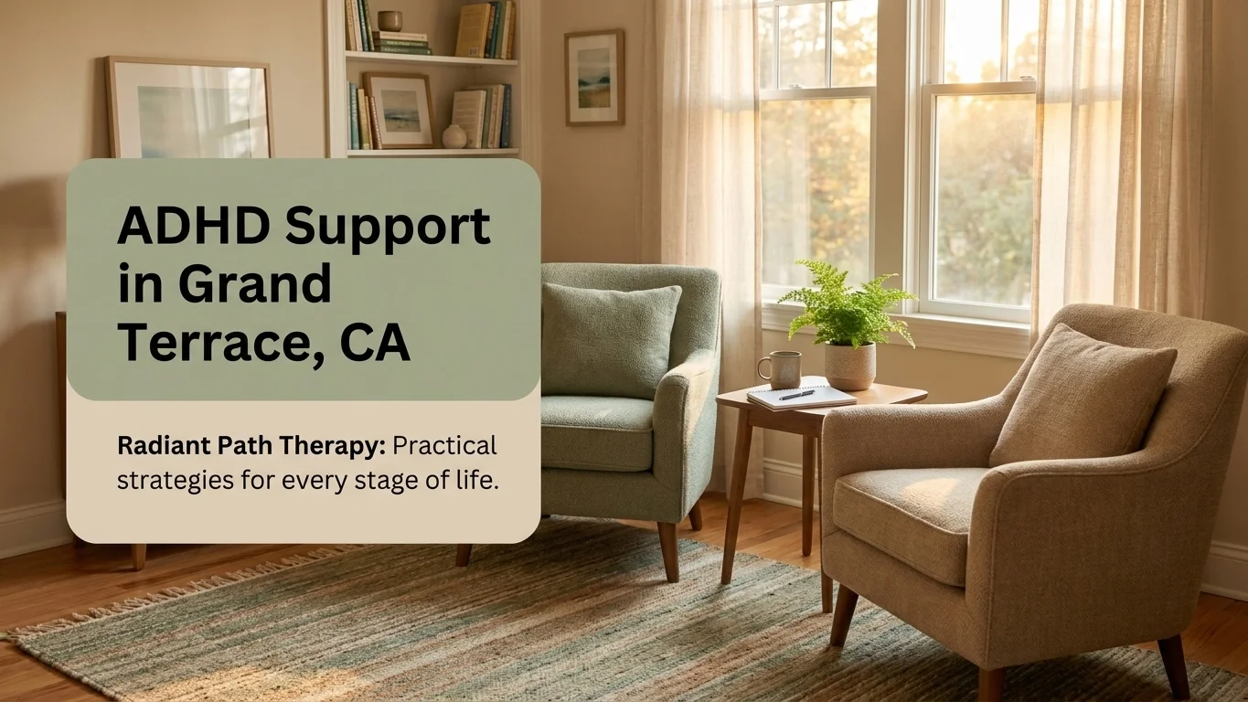 Radiant Path Therapy office banner offering ADHD support in Grand Terrace, CA