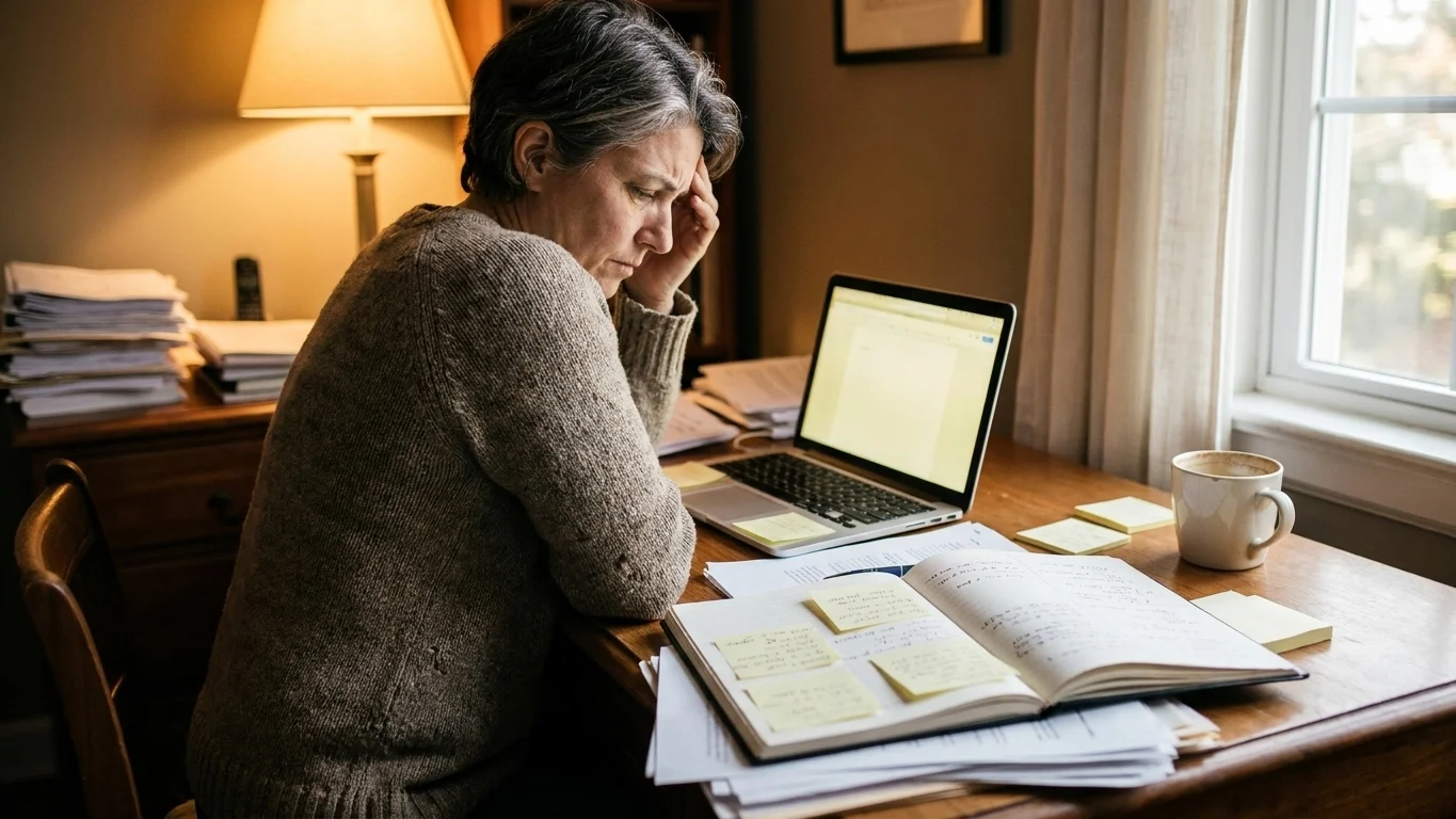 Adult managing a busy calendar, text reads ADHD doesn't get worse with age