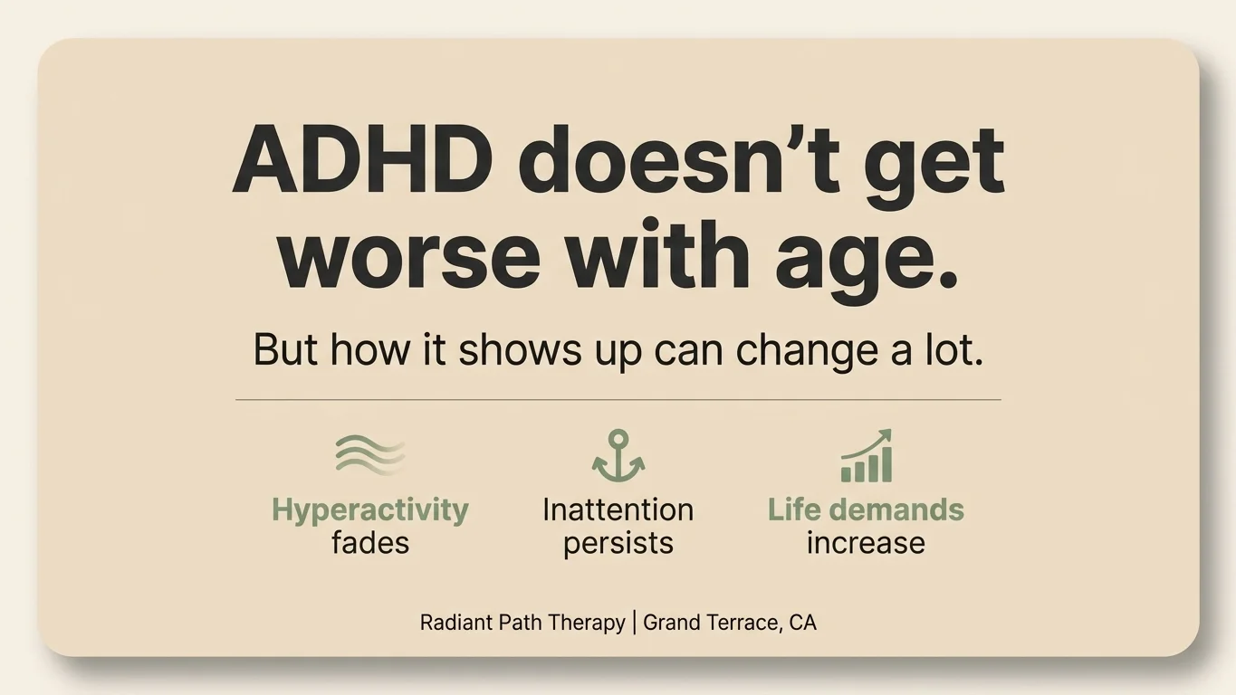 Answer card graphic stating ADHD doesn't get worse with age, symptoms change