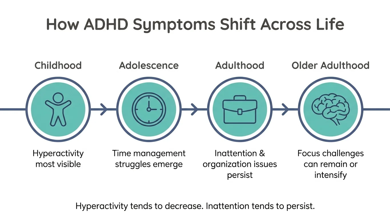 Infographic showing how ADHD symptoms change from childhood to older adulthood
