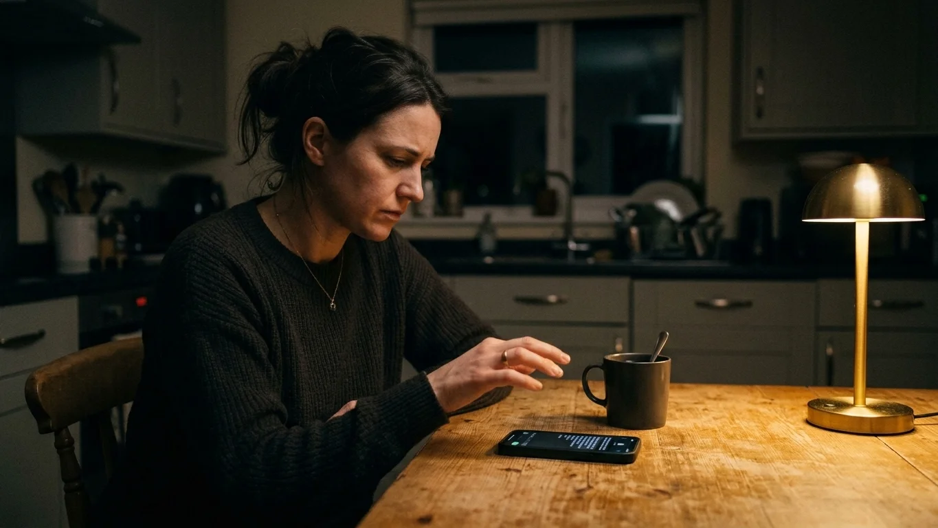 Adult hesitating to send a text, reflecting trust struggles from childhood trauma Adult hesitating to send a text, reflecting trust struggles from childhood trauma