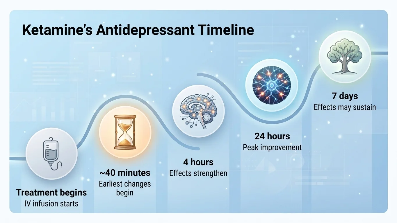 Infographic timeline showing how quickly ketamine works for depression from 40 minutes to 7 days