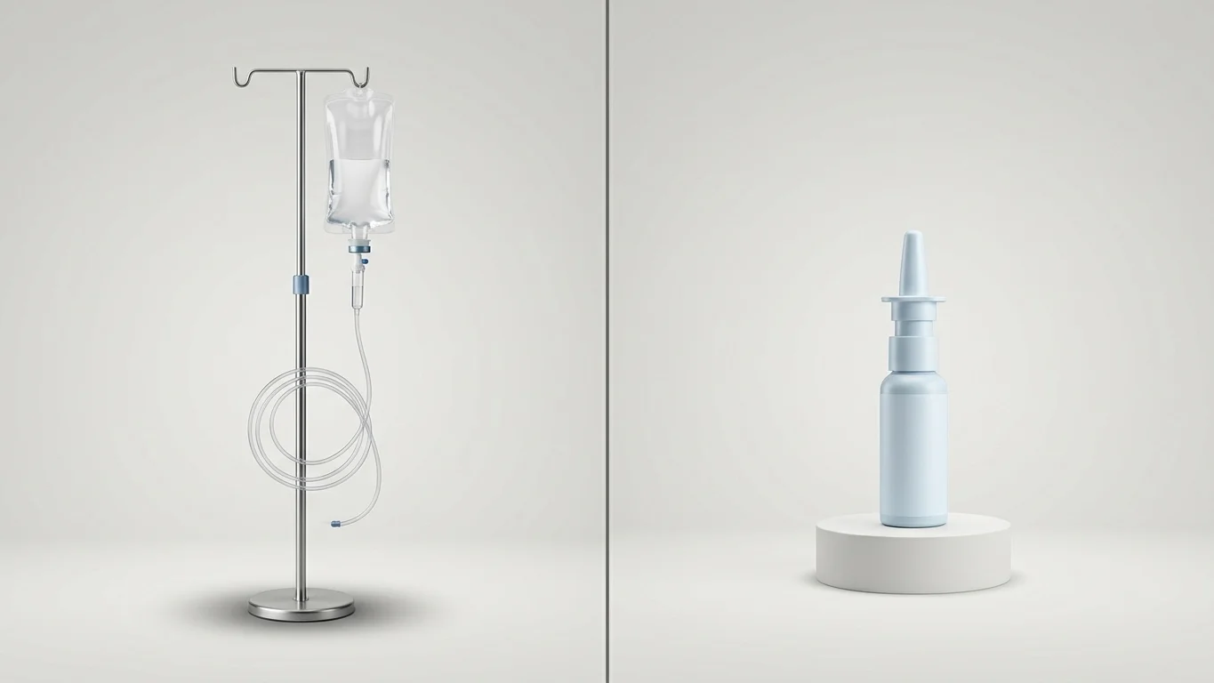 Side-by-side comparison of an IV ketamine infusion setup and an esketamine nasal spray device for depression treatmen