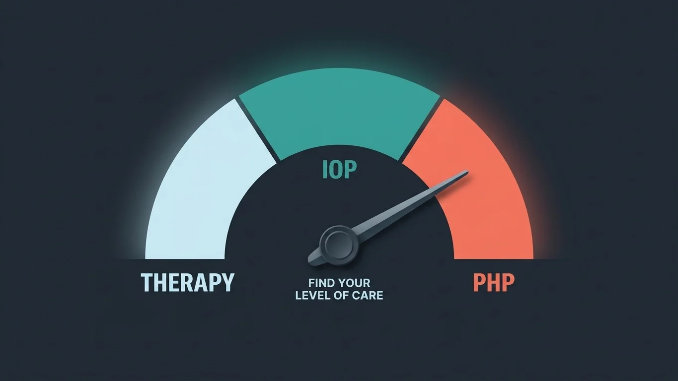 Gauge showing levels of outpatient care from therapy to IOP to PHP Gauge showing levels of outpatient care from therapy to IOP to PHP