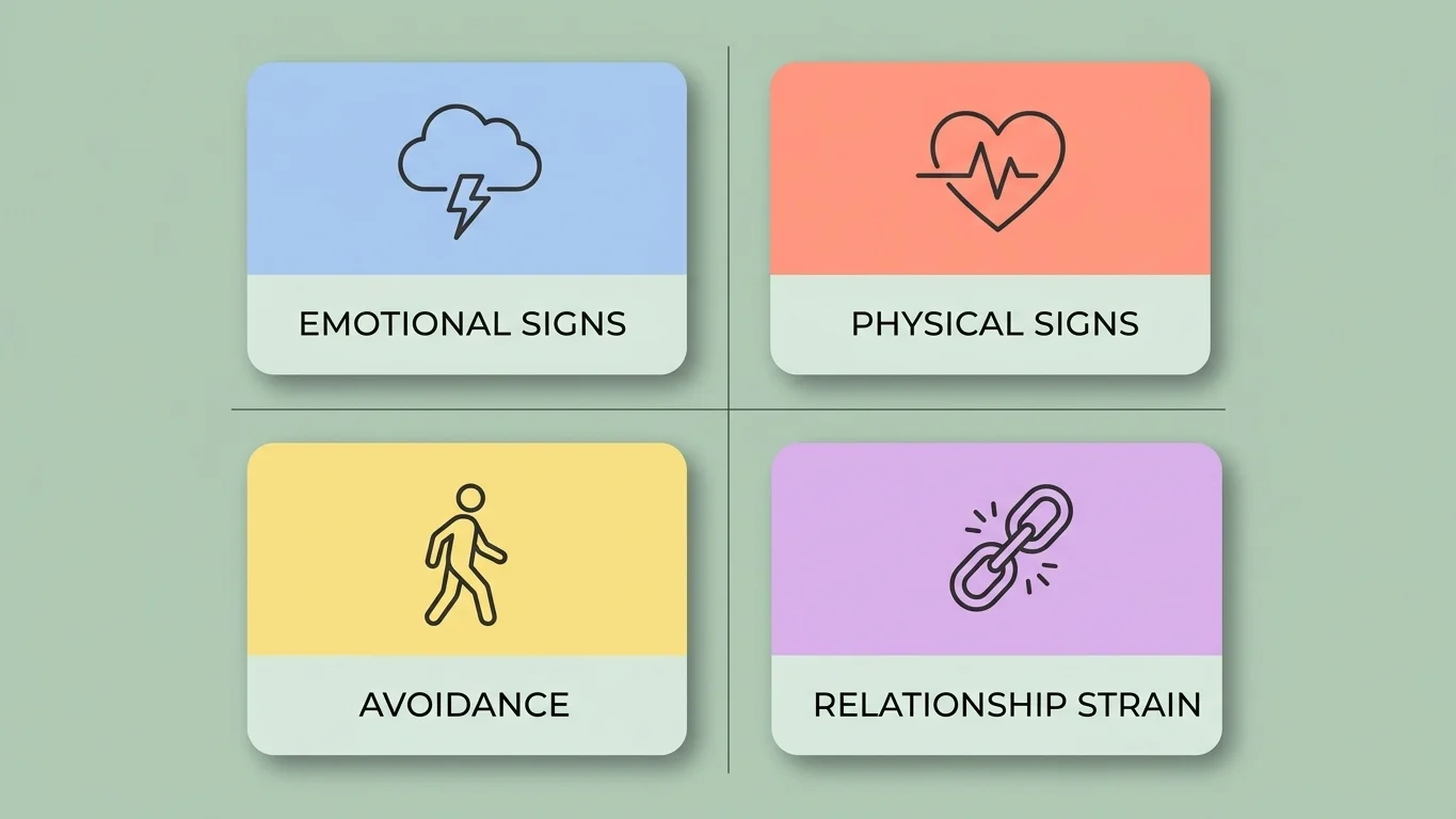 Four-quadrant infographic with flat icons representing emotional, physical, avoidance, and relationship-related signs of PTSD in women Four-quadrant infographic with flat icons representing emotional, physical, avoidance, and relationship-related signs of PTSD in women