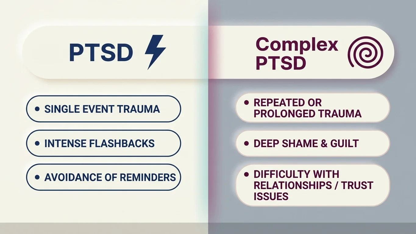 Side-by-side comparison banner contrasting PTSD and Complex PTSD, highlighting differences in cause, symptoms, and emotional impact. Side-by-side comparison banner contrasting PTSD and Complex PTSD, highlighting differences in cause, symptoms, and emotional impact.