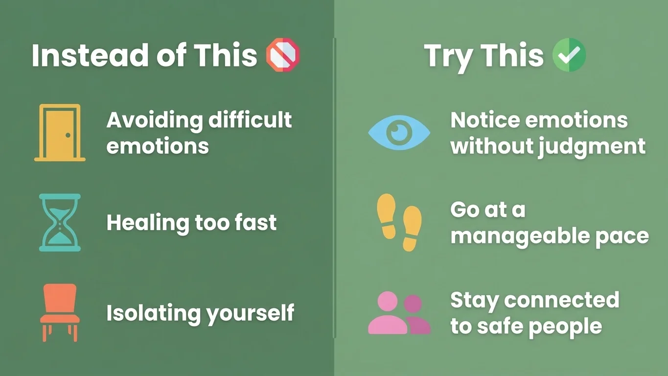 Infographic comparing trauma healing mistakes with healthier alternatives, with colorful icons