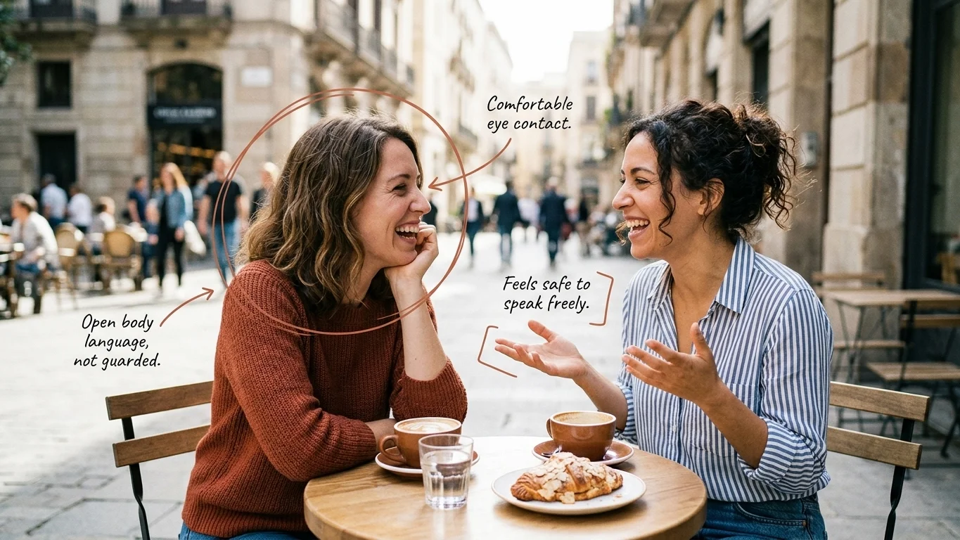 Annotated photo showing signs of healthier relationships after childhood trauma healing