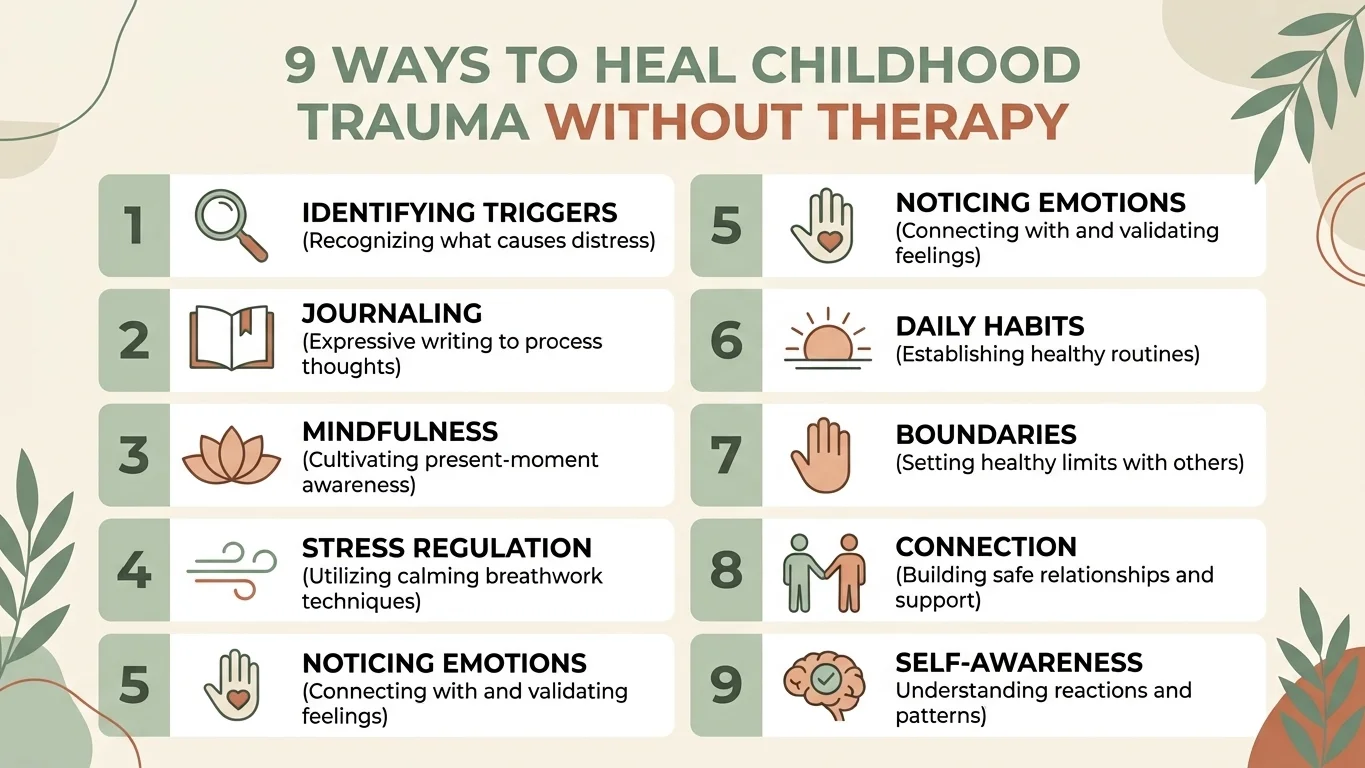 Infographic showing 9 ways to heal childhood trauma without therapy