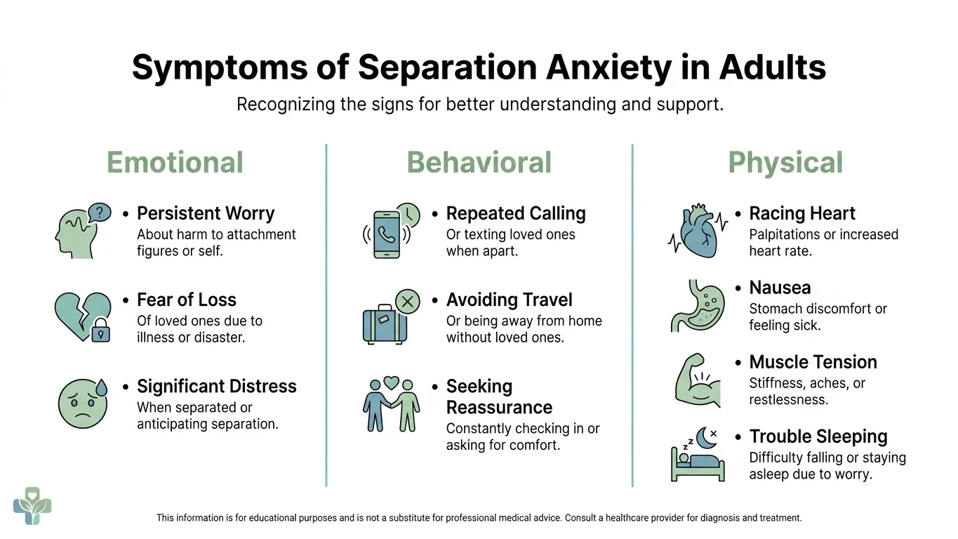 Infographic showing emotional, behavioral, and physical symptoms of separation anxiety in adults