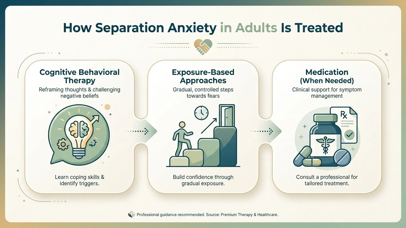 Infographic showing CBT, exposure therapy, and medication for separation anxiety in adults