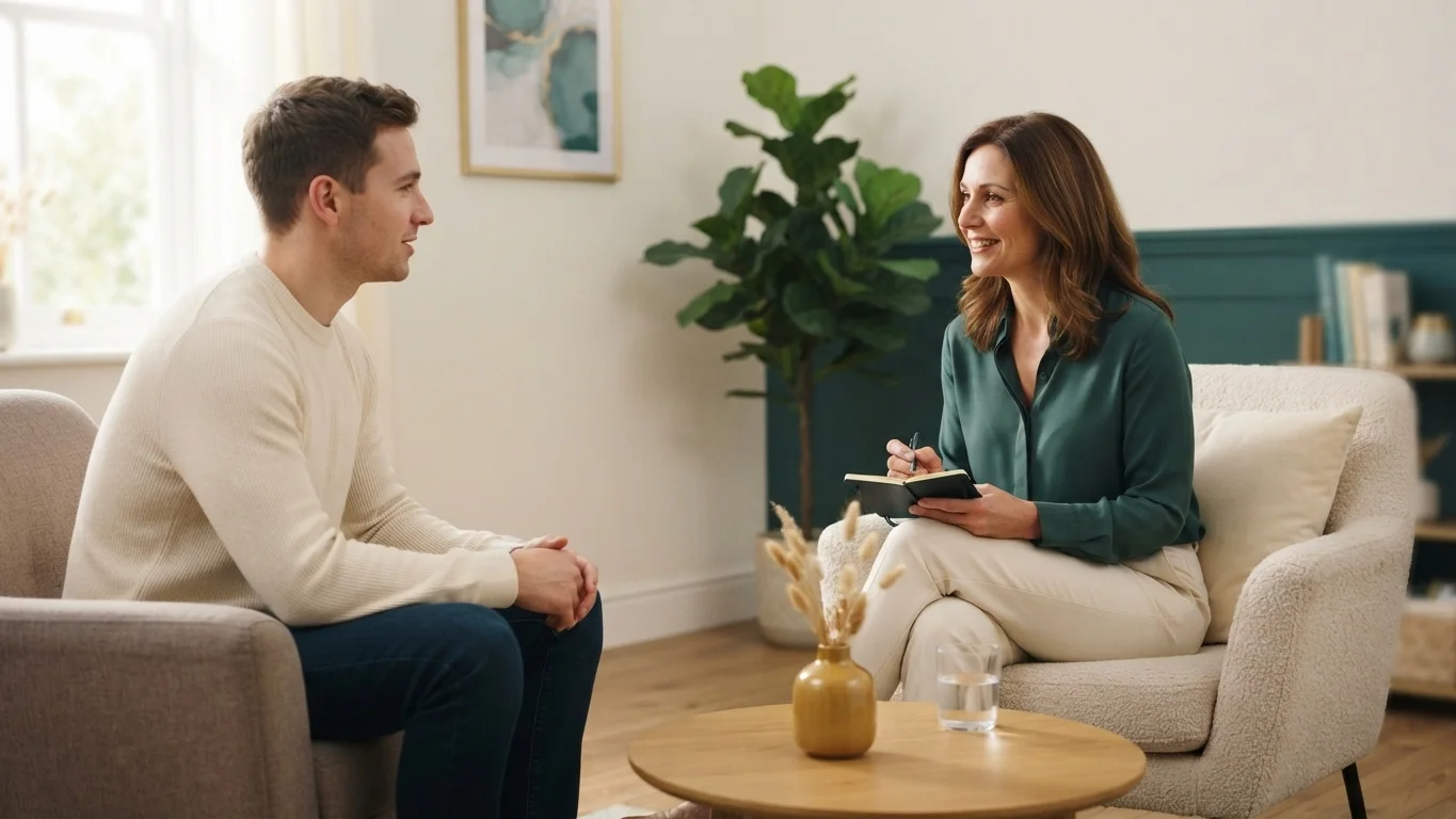 Therapist and client having a supportive conversation during a cognitive behavioral therapy session. Therapist and client having a supportive conversation during a cognitive behavioral therapy session.