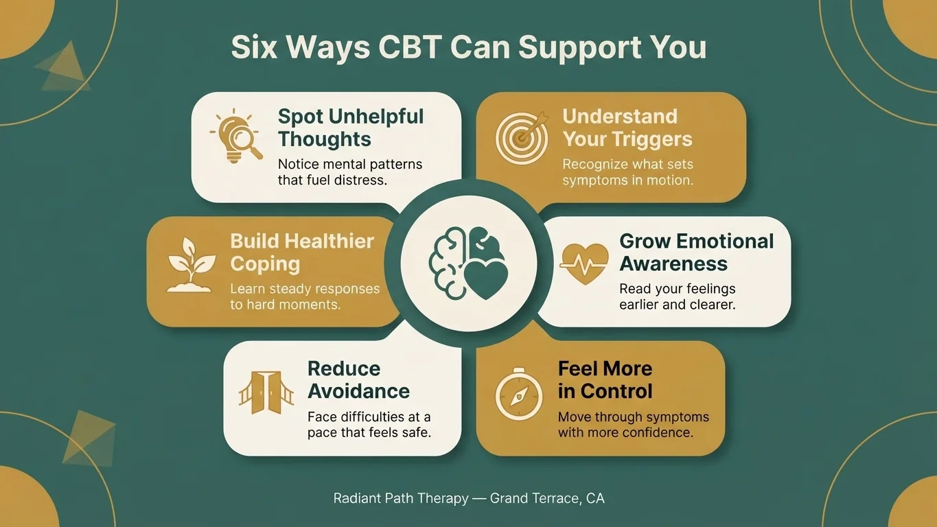 Infographic showing six ways cognitive behavioral therapy supports individuals with dissociative symptoms. Infographic showing six ways cognitive behavioral therapy supports individuals with dissociative symptoms.