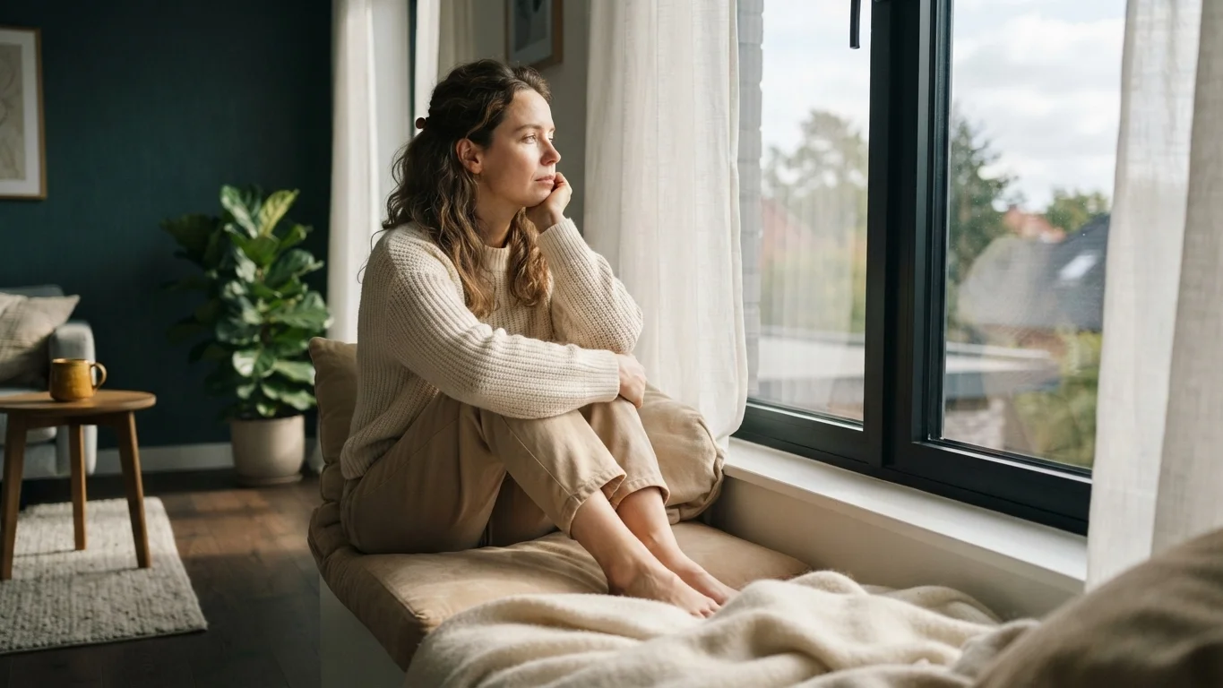 Woman sitting quietly by a window appearing emotionally disconnected, representing dissociative experiences. Woman sitting quietly by a window appearing emotionally disconnected, representing dissociative experiences.