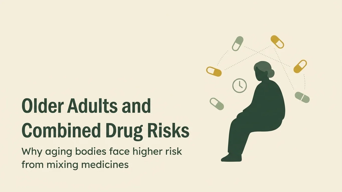 Illustration of an older adult surrounded by multiple medications, showing polypharmacy risk