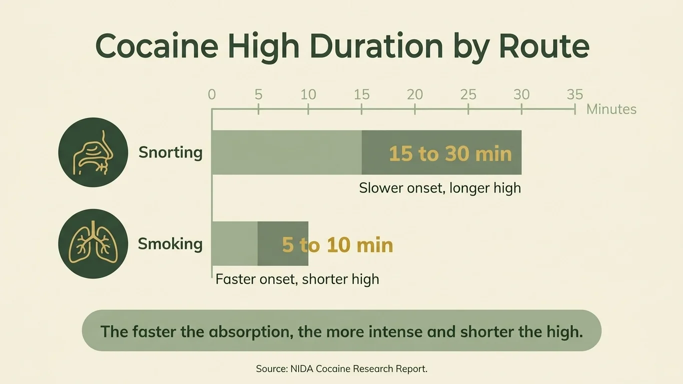 Bar chart comparing how long a cocaine high lasts when snorted versus smoked