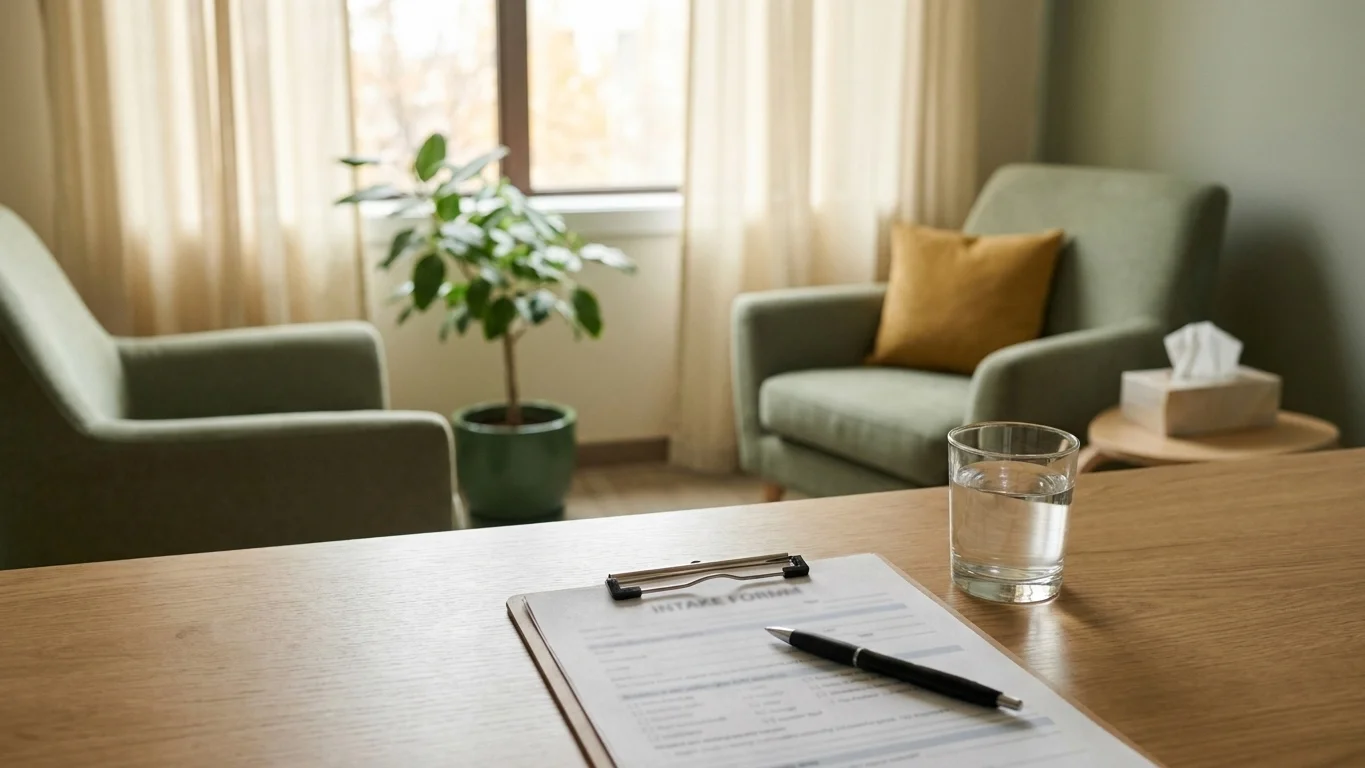 Calm therapy office with an intake assessment form for cocaine use support in Grand Terrace