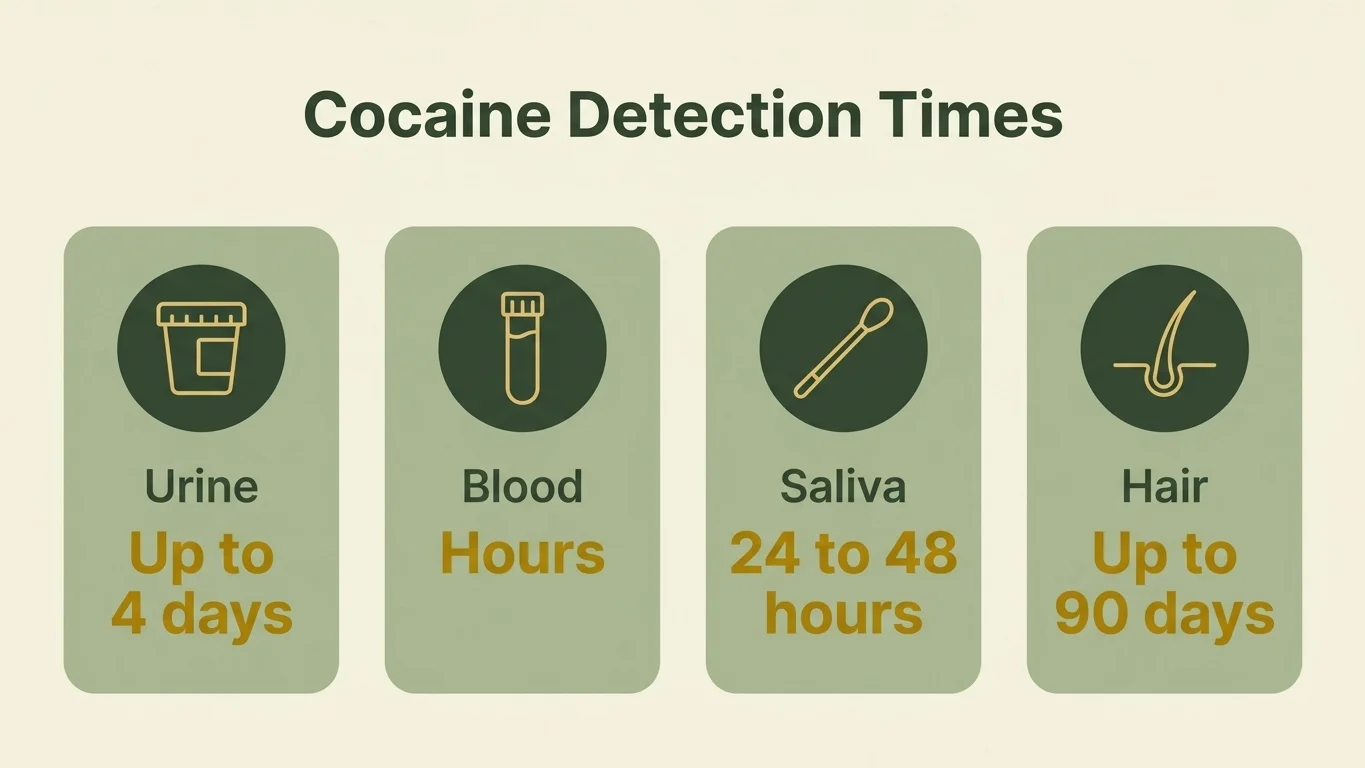 Infographic of cocaine detection times in urine, blood, saliva and hair tests