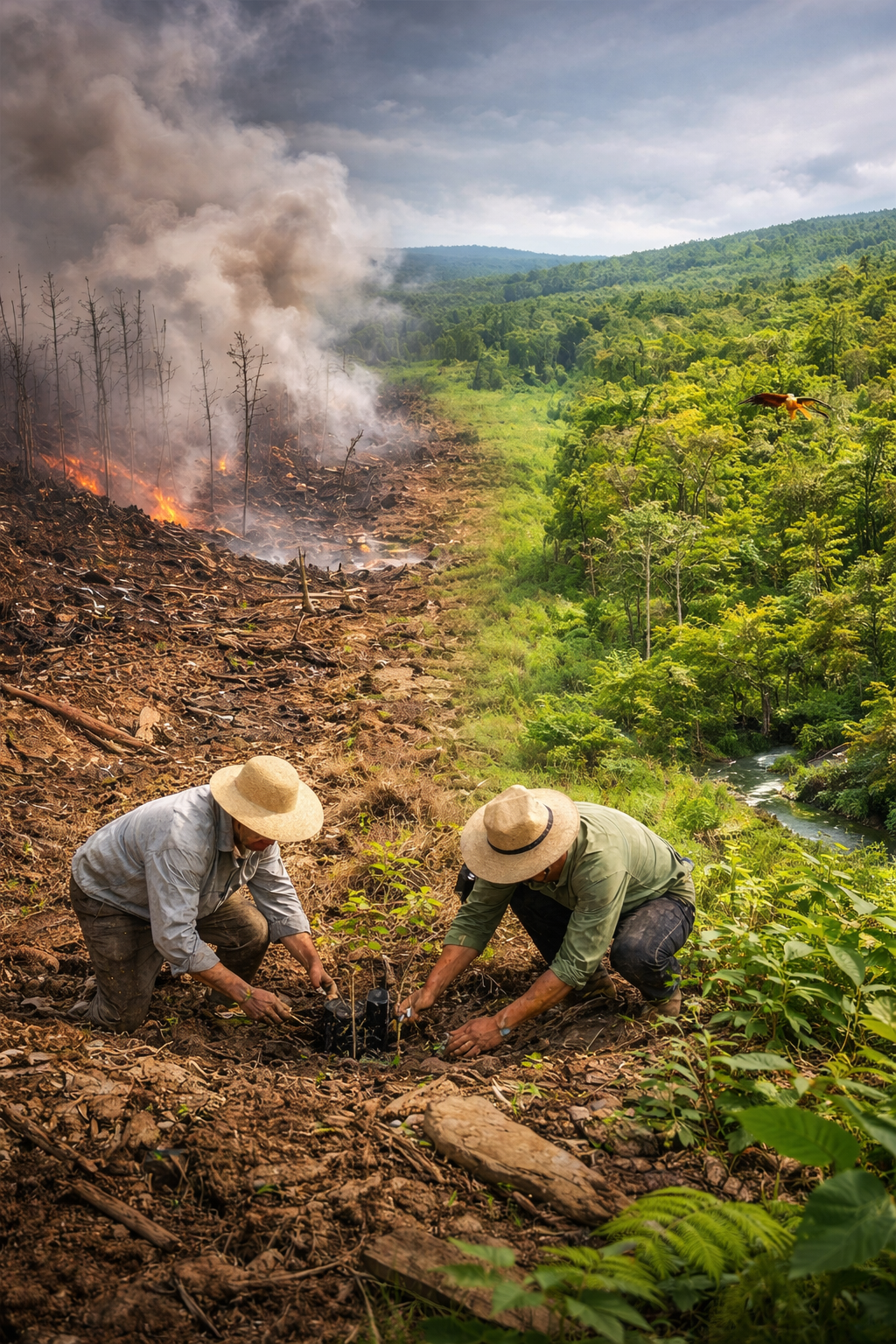 Deforestation transitioning into reforestation efforts showing ecological regeneration