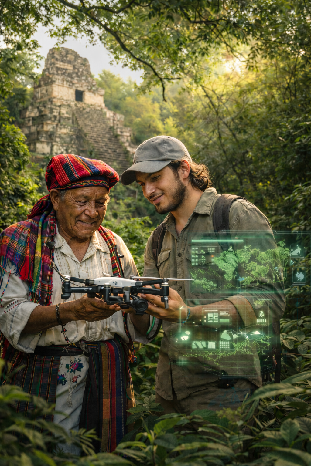 Young people holding a solar panel and a young tree representing the global shift toward sustainability and renewable energy