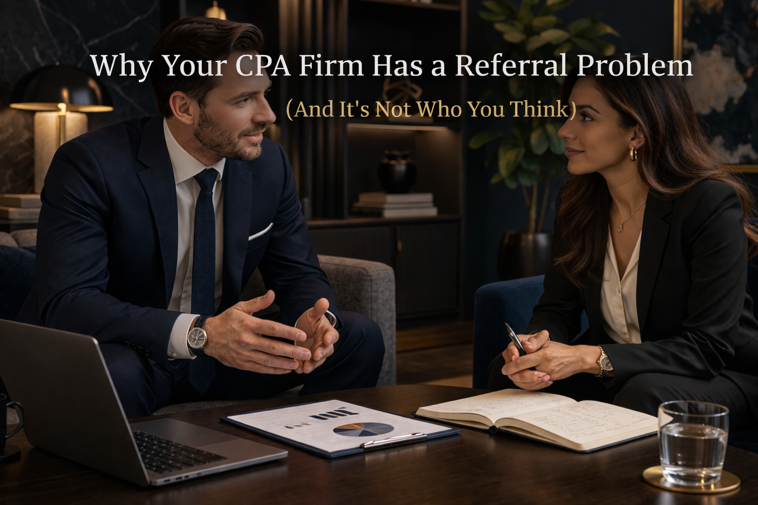 Business blog hero image showing two professionals—a man and a woman—in a modern, upscale office lounge, seated across a dark wood coffee table with a laptop and documents, engaged in a focused conversation. Warm ambient lighting with navy and gold tones creates a high-end, strategic atmosphere. Overlaid headline text reads: “Why Your CPA Firm Has a Referral Problem (And It’s Not Who You Think)”. Business blog hero image showing two professionals—a man and a woman—in a modern, upscale office lounge, seated across a dark wood coffee table with a laptop and documents, engaged in a focused conversation. Warm ambient lighting with navy and gold tones creates a high-end, strategic atmosphere. Overlaid headline text reads: “Why Your CPA Firm Has a Referral Problem (And It’s Not Who You Think)”.