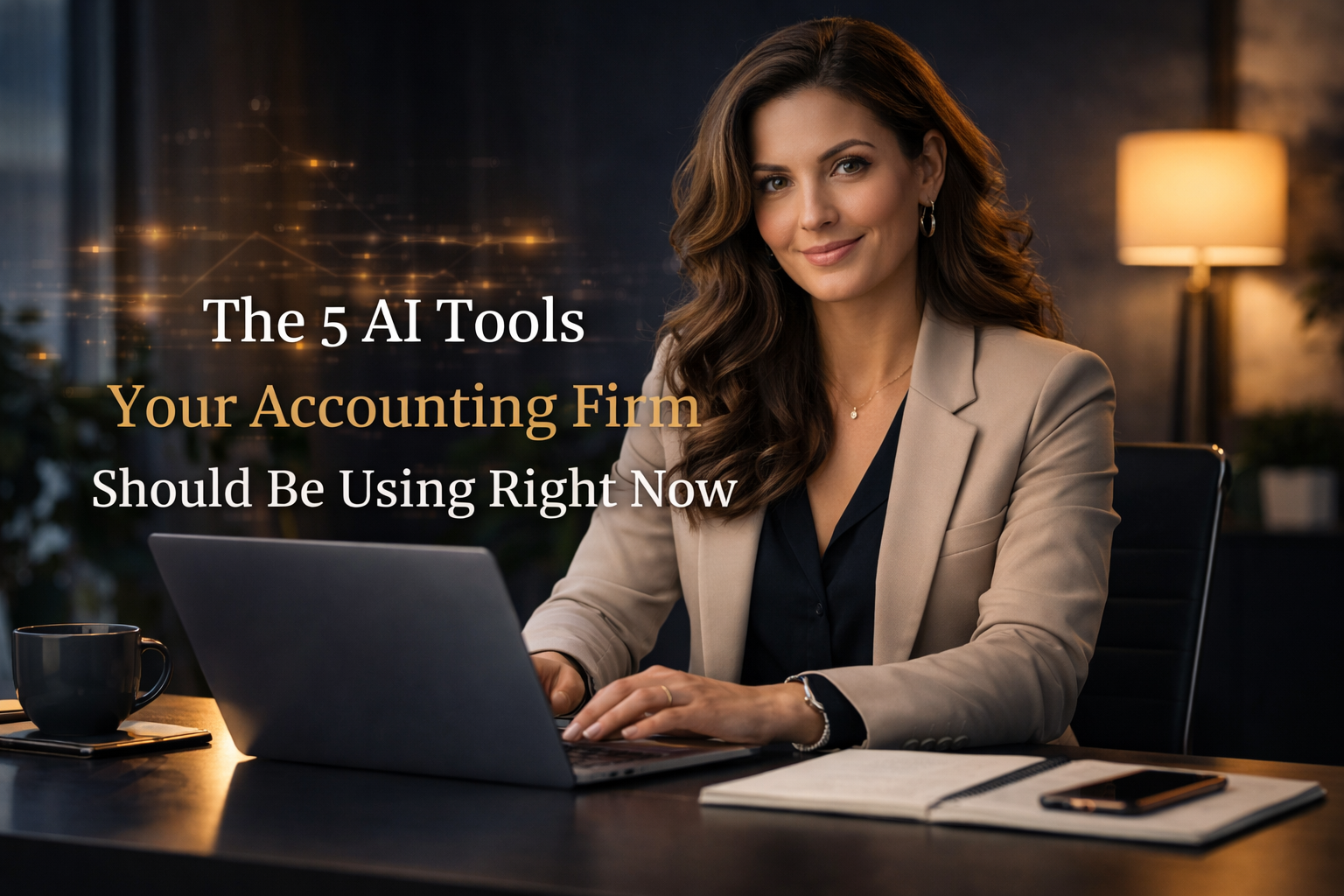 Professional blog hero image of a confident female business professional in a modern office, seated at a sleek desk working on a laptop, with subtle glowing digital elements in the background suggesting AI and technology. Dark navy and charcoal tones with warm lighting create a high-end, editorial feel. Overlaid headline text reads: “The 5 AI Tools Your Accounting Firm Should Be Using Right Now.”