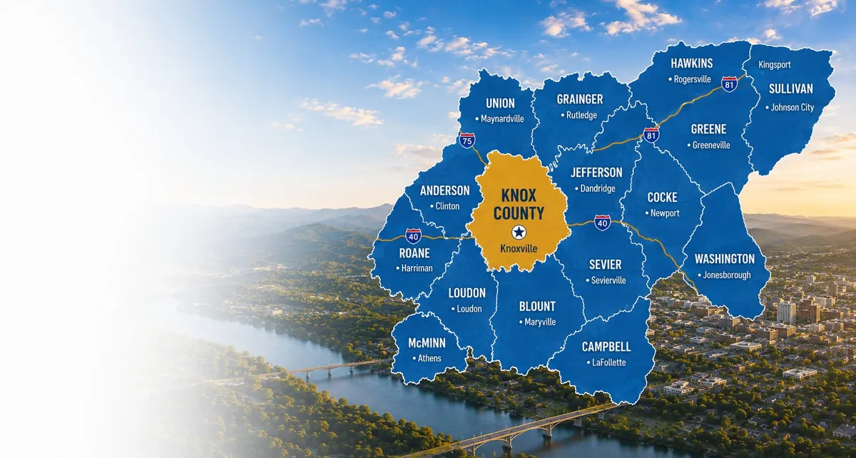 Map of the East Tennessee counties Liberty Cash Offers serves: Knox, Blount, Loudon, Roane, Anderson, Union, Grainger, Jefferson, Sevier, Cocke, Hamblen, Monroe, McMinn, Meigs, Rhea, Campbell, Morgan, Claiborne, Scott and Cumberland, plus surrounding areas.