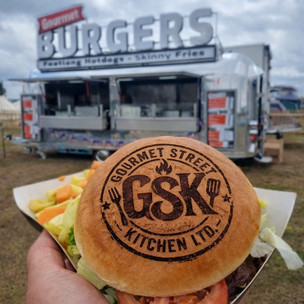 Gourmet burger with gsk branding
