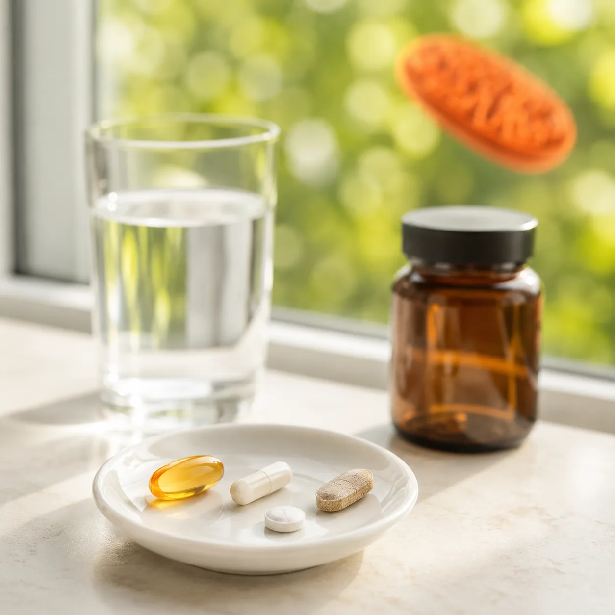 Four amber supplement jars in morning light
