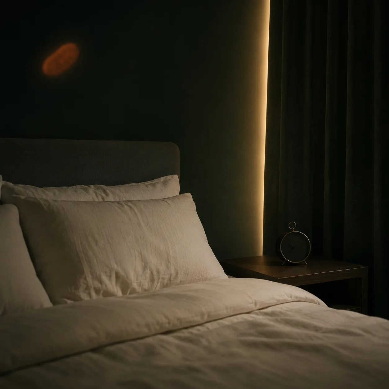 A serene dark bedroom at dusk