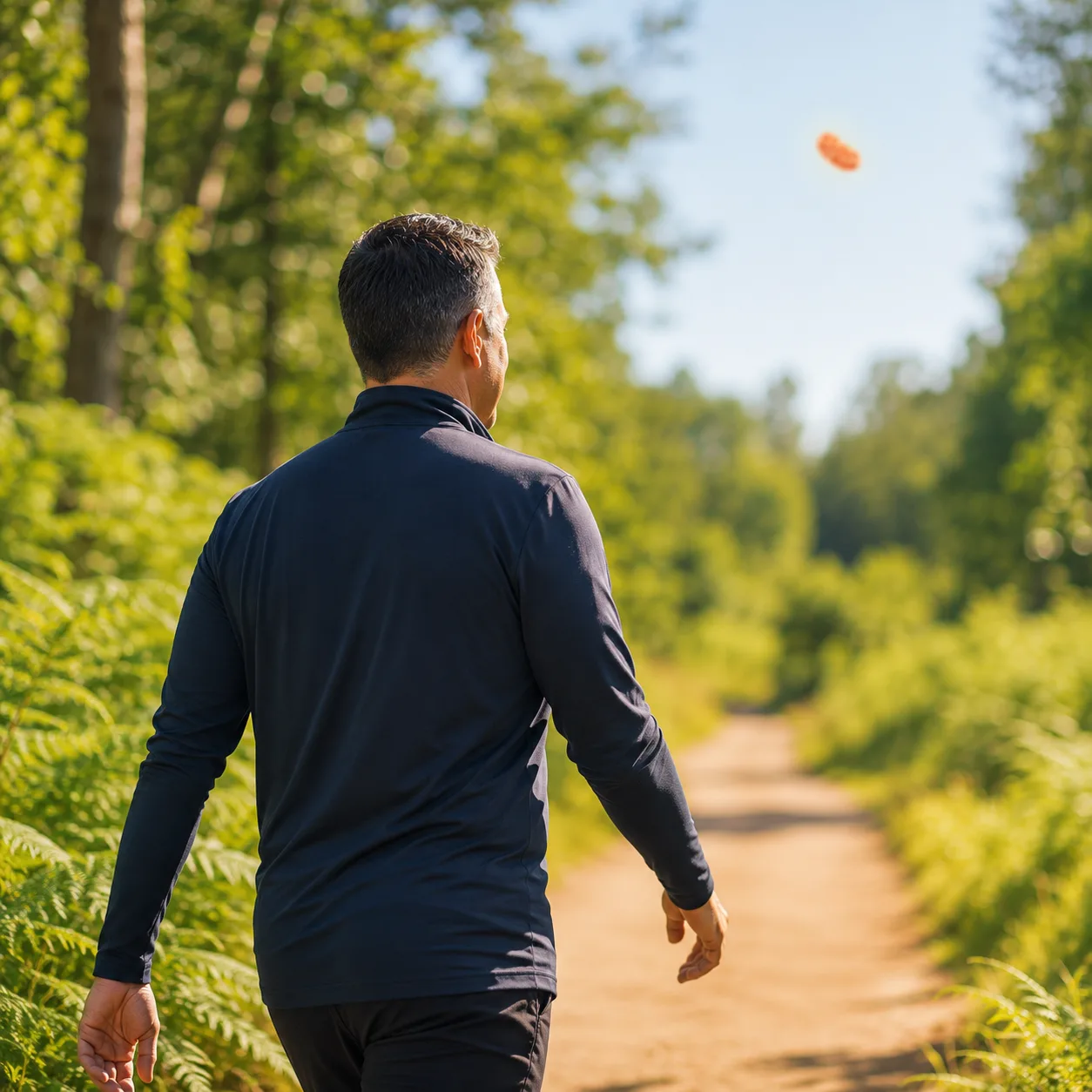 Brisk walk on a forest trail at golden hour