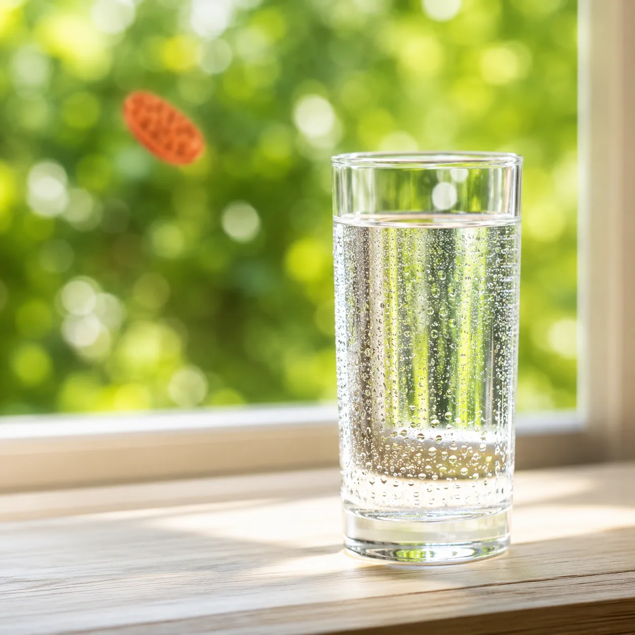 Morning sunlight on a glass of water