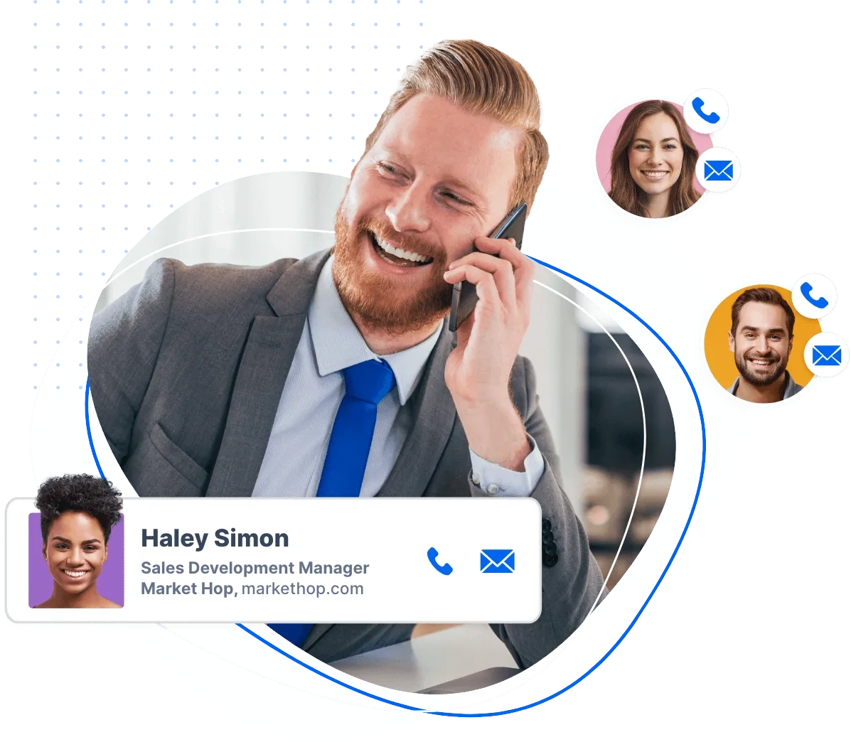 Sales professional smiling while on a call, surrounded by contact profile visuals and communication icons, showcasing Haley Simon, Sales Development Manager at Market Hop, for enhanced lead engagement and contact management.