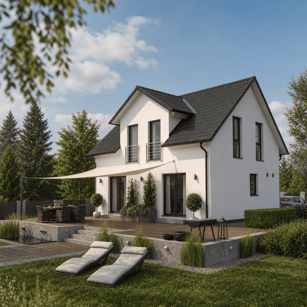 Bauplan und Modellhaus auf einem Tisch