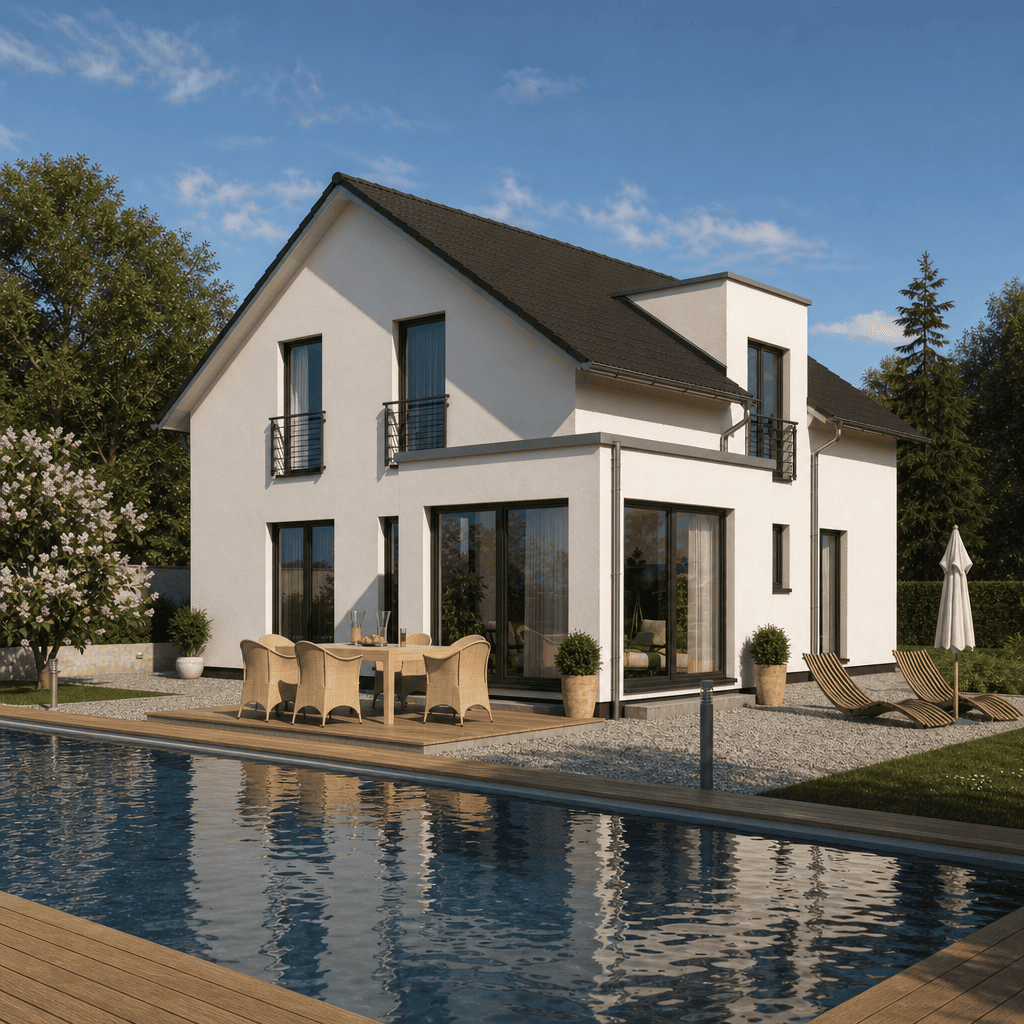 Modernes Fertighaus mit Holzfassade im Grünen