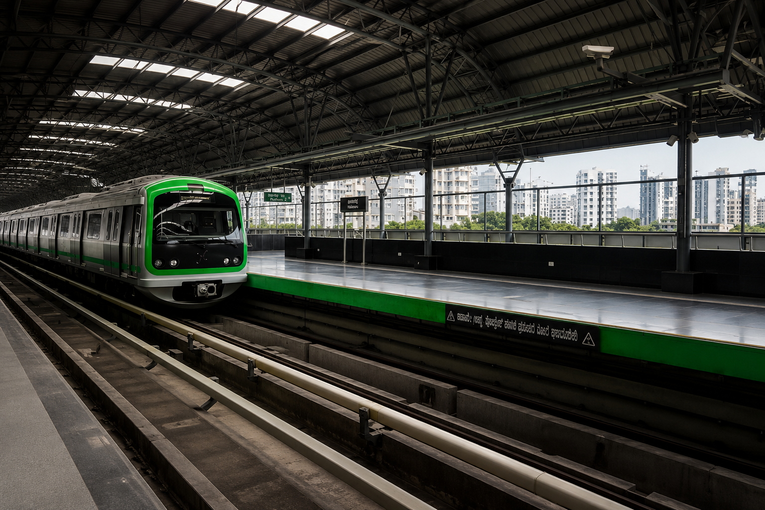 Dubai Metro station platform with arriving train and city skyline views.