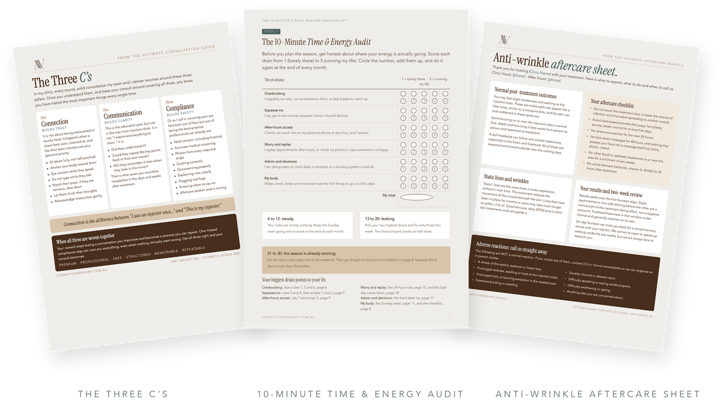 Three free Inner Circle resources: The Three C's, the 10-Minute Time and Energy Audit, and an anti-wrinkle aftercare sheet