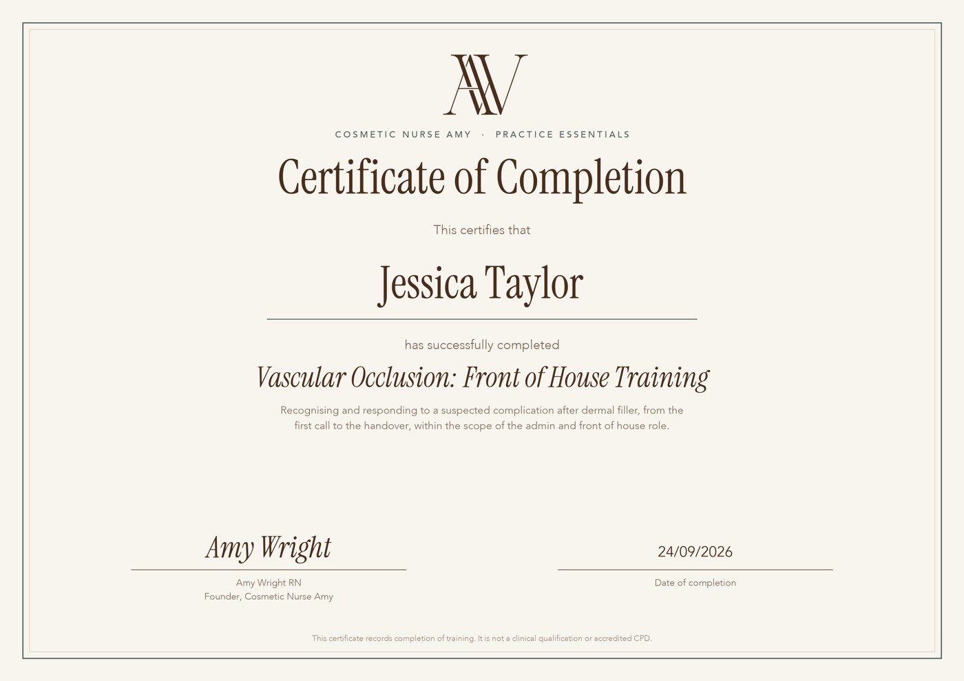 Certificate of completion, Vascular Occlusion: Front of House Training