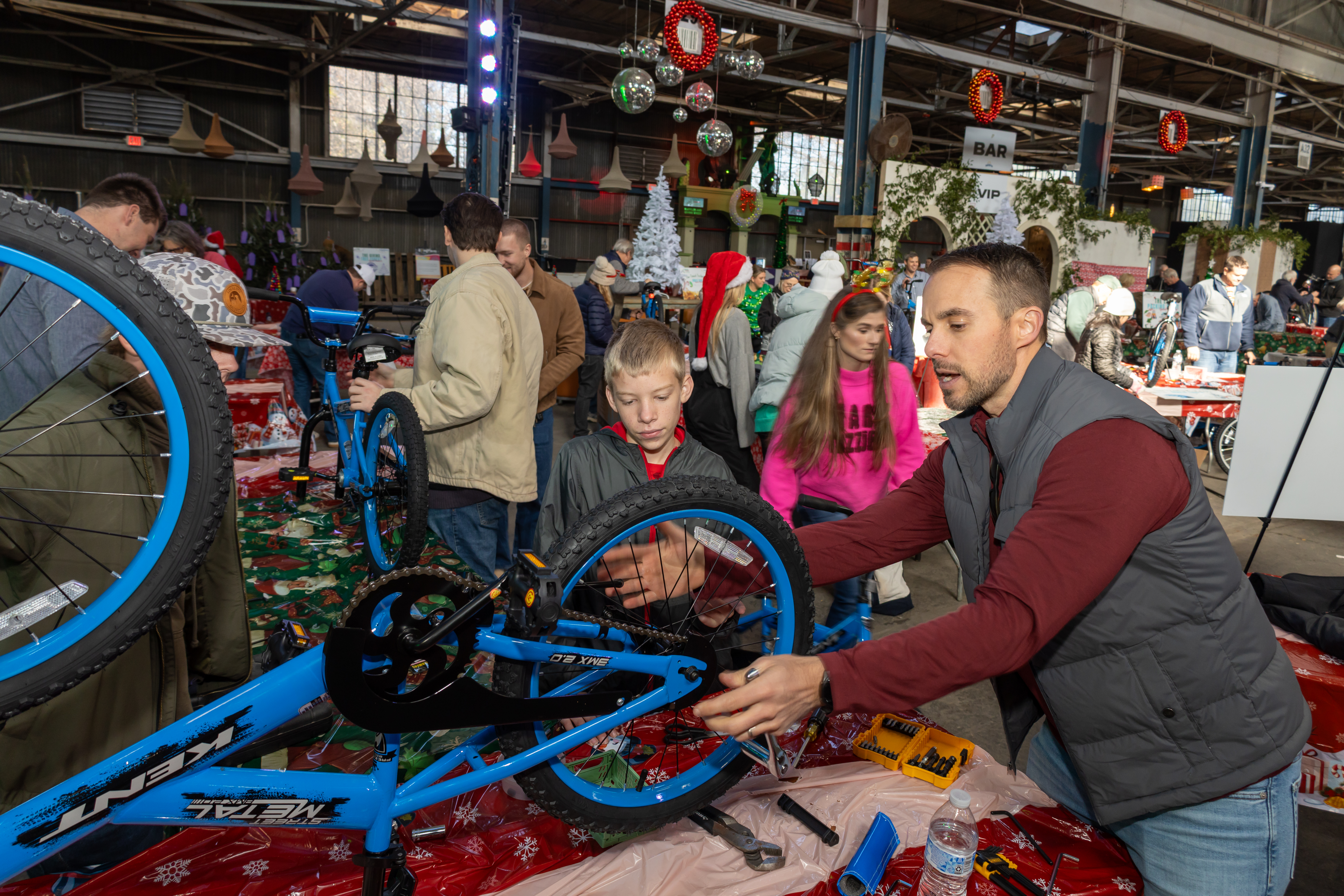 Volunteers building bikes