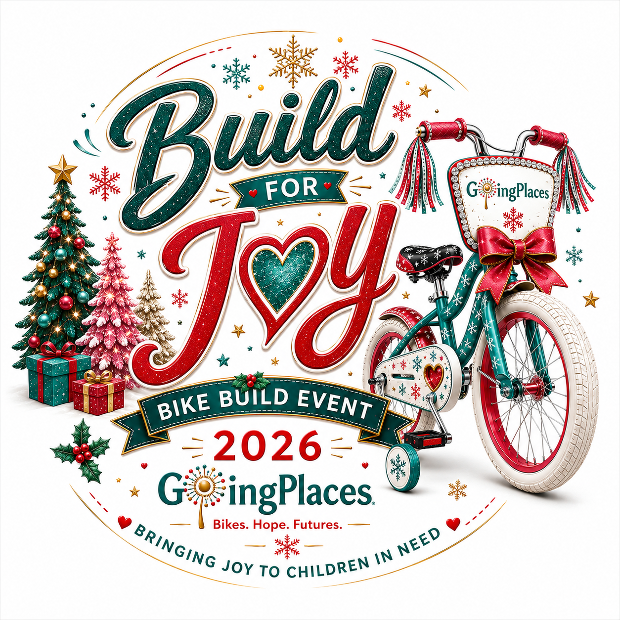 Build for Joy 2026 Bike Build Event logo with a teal and red child's bike and Christmas trees - Going Places, Charleston SC