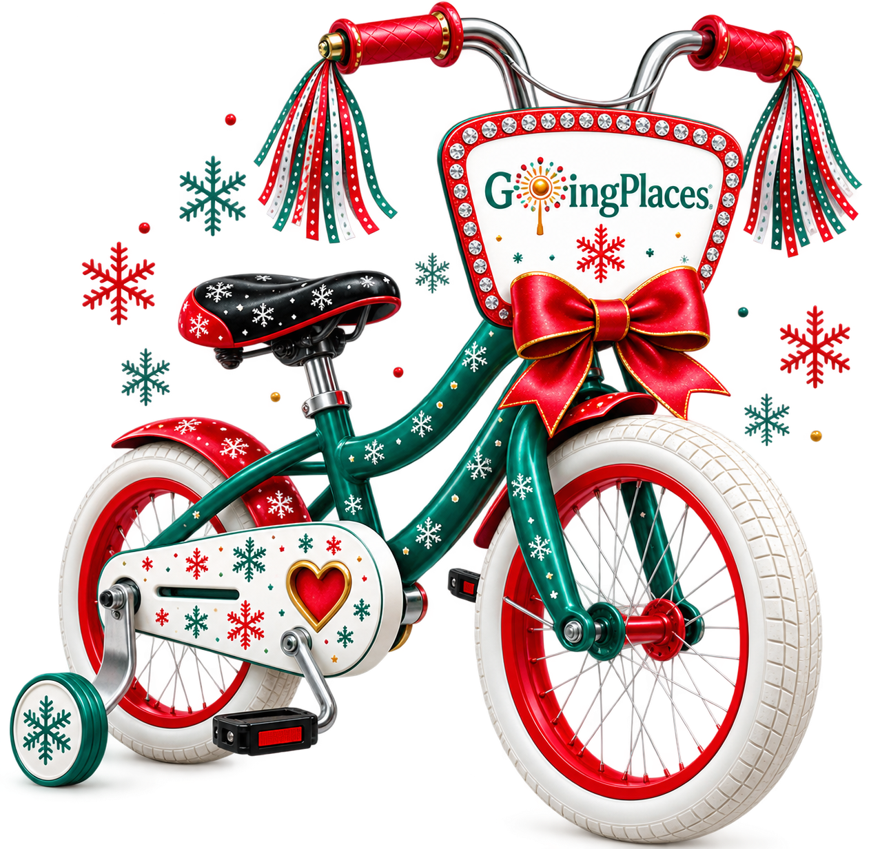 A festive green and red Going Places children's bike, decorated with a red bow, ribbon streamers and snowflakes