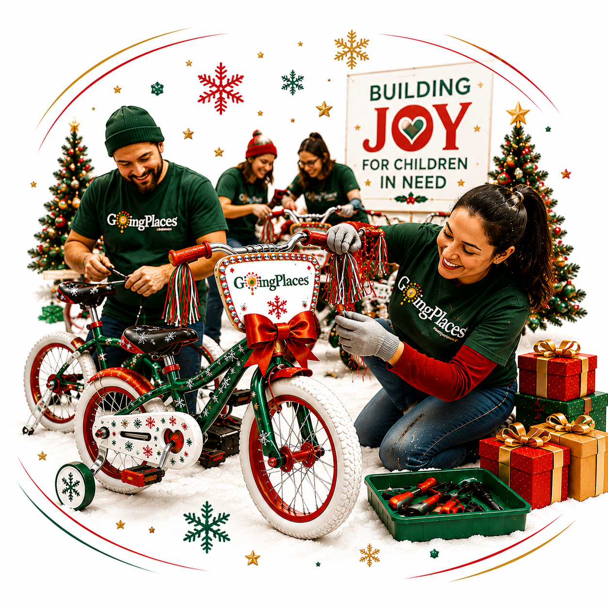 Volunteers in Going Places shirts assembling decorated children's bikes under a Building Joy banner